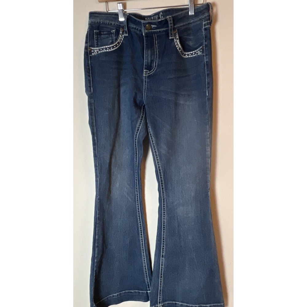 Rockin' C Wide Flare Embellished Women's Jeans Size 30 Sequins And Embroidery
